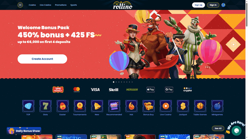 Rollino Casino Perk - 450% up to EUR6,000 + 325 Free Spins